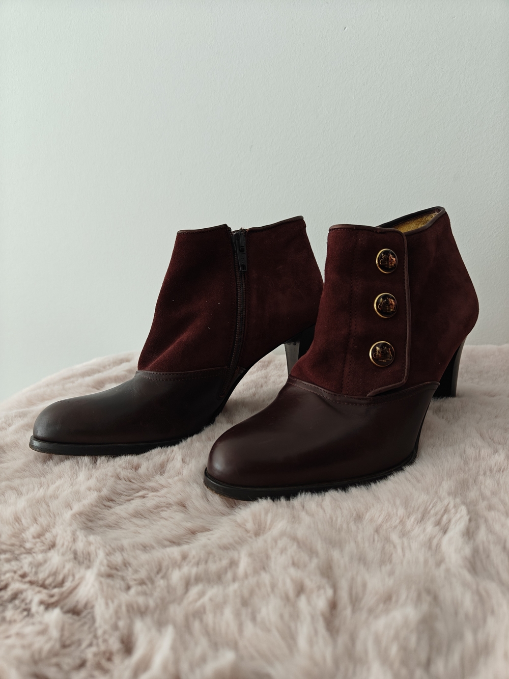 Coach Burgundy Leather & Suede Button Ankle Boots